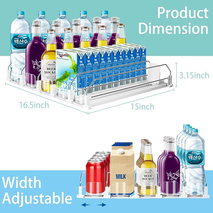 Drink Organizer for Fridge, 5 Row Automatic Pusher Glide, Adjustable Width Soda Can Dispenser for Refrigerator-Holds up to 25 Cans