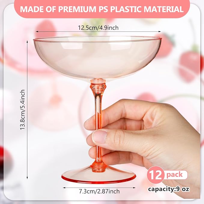 LemonRoad 12 Pcs Plastic Coupe Glasses 9 oz Disposable Martini Glasses for Cocktails, Champagne, Desserts and Espresso, Drinkware Set for Weddings, Birthday Parties, Home Bars (Champagne Powder)