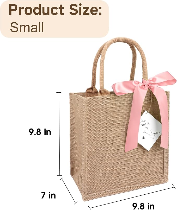 6 Pack Burlap Tote Bags with Handles Reusable Small Jute Gift Bags with Pink Silk Ribbons Waterproof Lining for Wedding Bridesmaid Mother's Day Bachelorette Beach Party