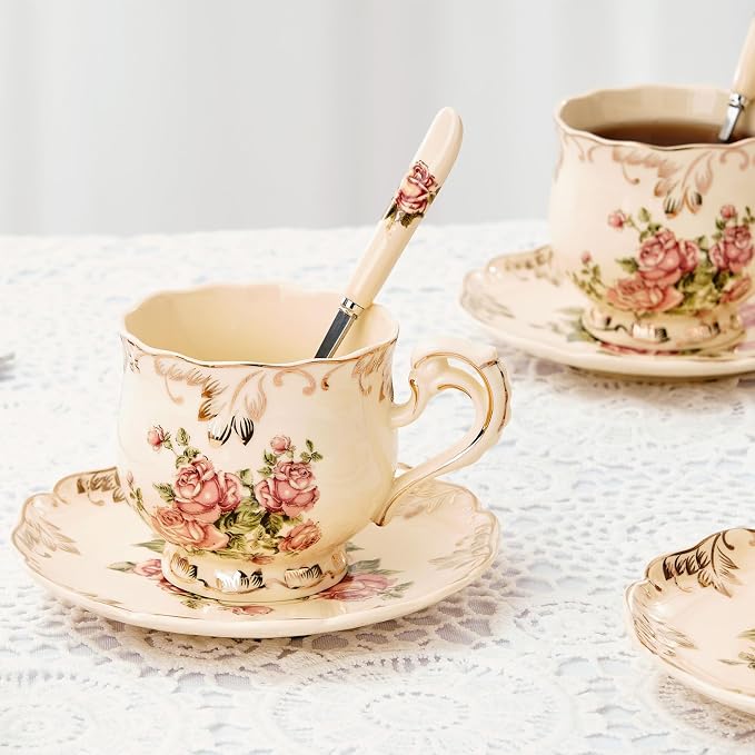 YOLIFE Ivory Vintage Floral Tea Saucers Set of 4, 5.8 inch with Gold Leaves Trim – Beautiful Porcelain Tea Plates for Cups, Ideal for Tea Parties