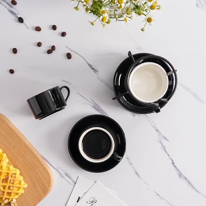 Espresso Cups Set of 4, 4oz Stackable Coffee Cups with Saucers and Metal Stand, Black Demitasse Cups, Expresso Shots Cup Set