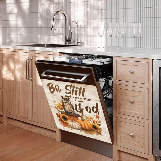Pumpkin Magnetic Dishwasher Cover,Owl Dishwasher Front Door Magnetic Cover,Sunflower Refrigerator Panel Decal,'Be Still and Know That I Am God' Text Magnet Sticker,Reusable,23"x26"