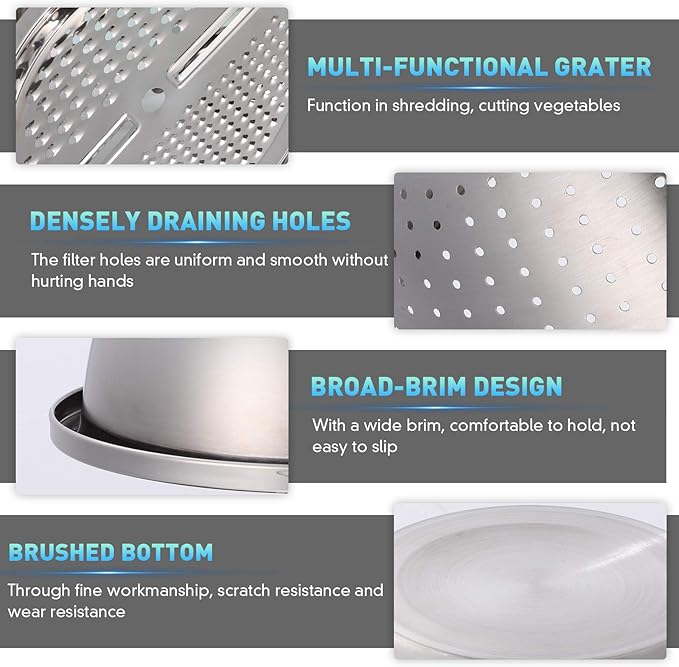 Stainless Steel Grater with Drain Basket 3-in-1 Multipurpose Vegetable Cutter Salad Bowl Kitchen Strainer and Shredder 10.2 Inch