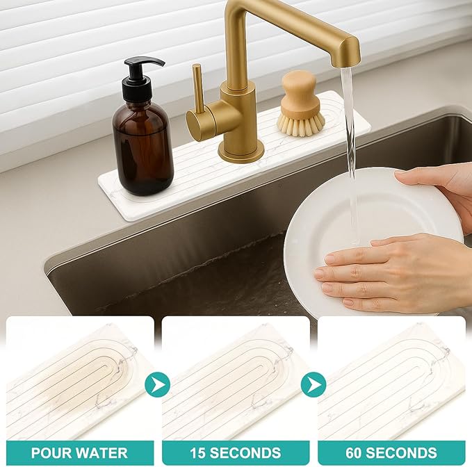 Small White Marble Stone Faucet Mat for Kitchen Sink Water Absorbing Durable Protector for Bathroom Counter Diatomite Quick Drying Stone Tray Sink Splash Guard Kitchen Faucet Mat