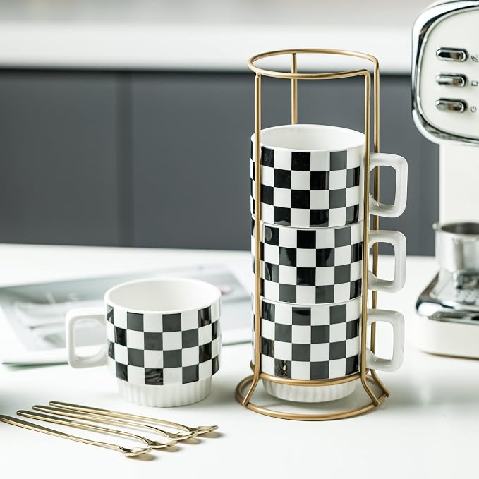Miamolo Stackable Coffee Mug Set of 4 with Rack 11 oz Tea Cup Set with Little Spoon for Coffee Tea Cocoa Milk, Father's Day,Checkered Black and White Pattern Coffee Mug for Housewarming Gift