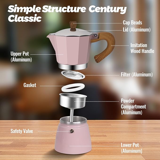 9 Cup Aluminum Moka Pot Classic Stovetop Espresso Coffee Maker 450ml 15oz Coffeemaker Percolator Mocha Pot Greca Coffee Maker Cafe Makers for Italian and Cuban Café Brewing Pink