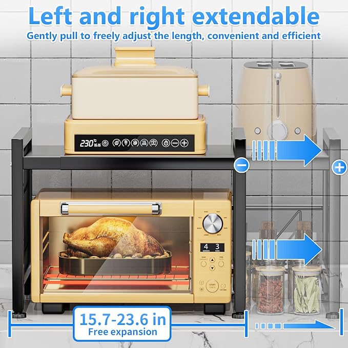 YIUKEA Extendable Microwave Oven Rack - Over Microwave Shelf Countertop 2 Tier Kitchen Microwave Stand (L15.7~23.6" xW12.8 xH17.7) with Spice Rack and 6 Hooks Black