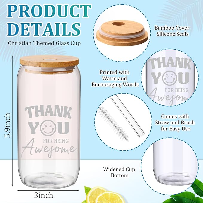 Skylety 12 Set Back to School Teacher Gift Bulk Thank You for Being Awesome Staff Appreciation Gifts 16 oz Glass Cups with Lids Straws Spiral Notebooks Note Pens for Employee Team Coworker Nurse