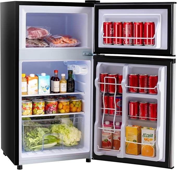 Sweetcrispy 3.2 Cu.Ft Mini Fridge with Freezer, 2 Door Small Refrigerator with Adjustable Thermostat Energy-efficient Low Noise, Compact Fridge for Bedroom, Office, Dorm, Silver