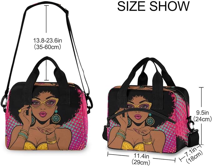 Reusable Lunch Bag for Girls Women,Young African American Woman With Lips Lunch Box Container with Detachable Shoulder Strap,Insulated Lunch Coolers for School Office