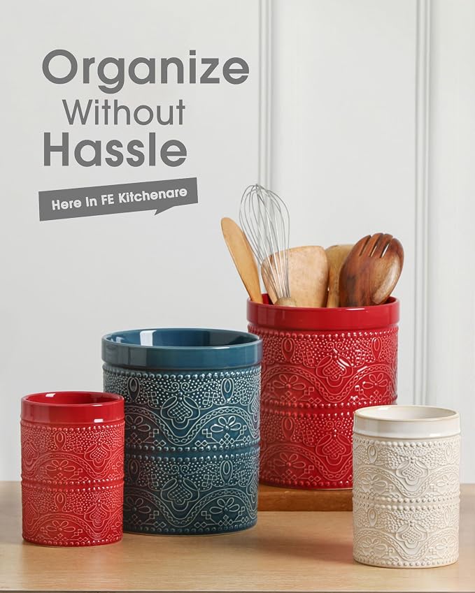 FUN ELEMENTS Kitchen Utensil Holder, 7.2+5.5" Super Large Utensil Crock Heavy and Stable Lace Emboss Ceramic Utensil Holder for Kitchen Counter (2Pcs Christmas Red)