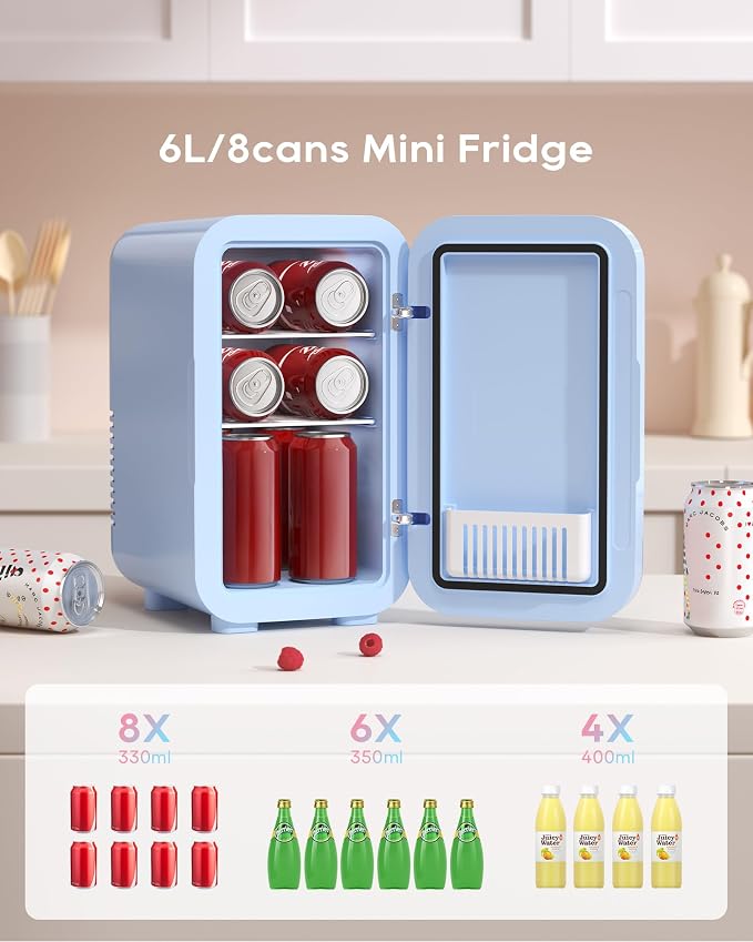BEICHEN Mini Fridge,6 Liter / 8 Can Small Fridge for Bedroom, Car, Office & Dorm, AC100-120 V/DC 12 V Portable Thermoelectric Cooler & Warmer for Skincare, Food, Drinks,Blue