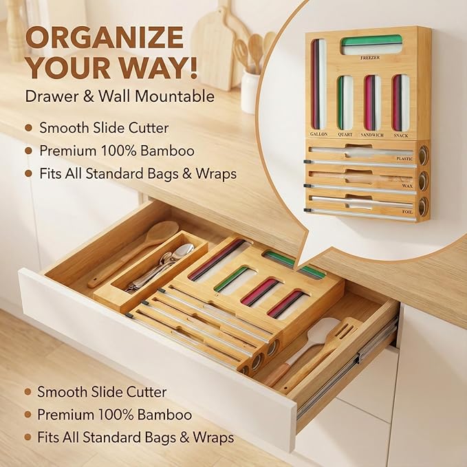 9 in 1 Storage Bag Organizer for Kitchen Drawer, Bamboo Foil and Plastic Wrap with Cutter, Ziplock Bag Organizer for Quart, Gallon, Sandwich & Snack Bags