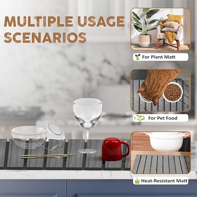 Foldable Stone Dish Drying Mat for Kitchen Counter, 24” x 16” Large Diatomaceous Earth Quick Dry Mat, Absorbent Sink Tray with Brush for Dishes, Cups, and Bottles