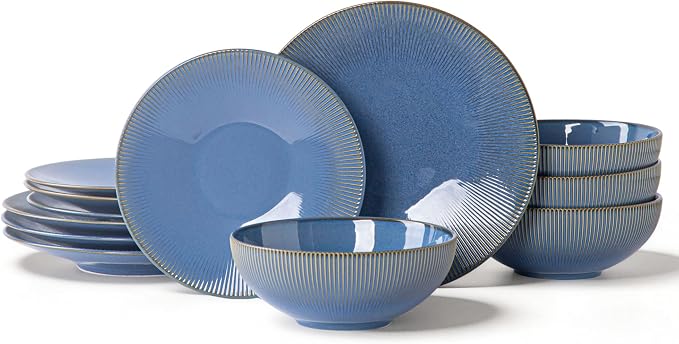 Dinnerware Sets for 4, 12 Piece Stoneware Plates and Bowls Sets, Ribbed Texture, Scratch Resistant Dish Set, Microwave and Dishwasher Safe, Blue