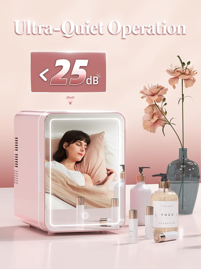 BOGDA Mini Skincare Fridge (4 Liter/6 Can) with Dimmable LED Light Mirror, Cooler and Warmer for Refrigerating Make Up, Skin Care and Food, Portable Mini Fridge for Bedroom, Office and Car, Pink