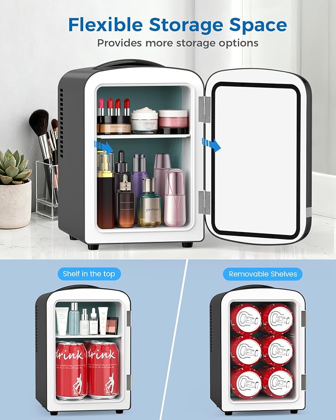 Electactic Mini Fridge for Skincare, 4L/6 Cans Portable Compact Cosmetic Fridge, Retro Desktop Fridge with AC/DC Adapters, Small Cooler and Warmer for Beverage, Makeup, Bedroom, Office, Kids, Black