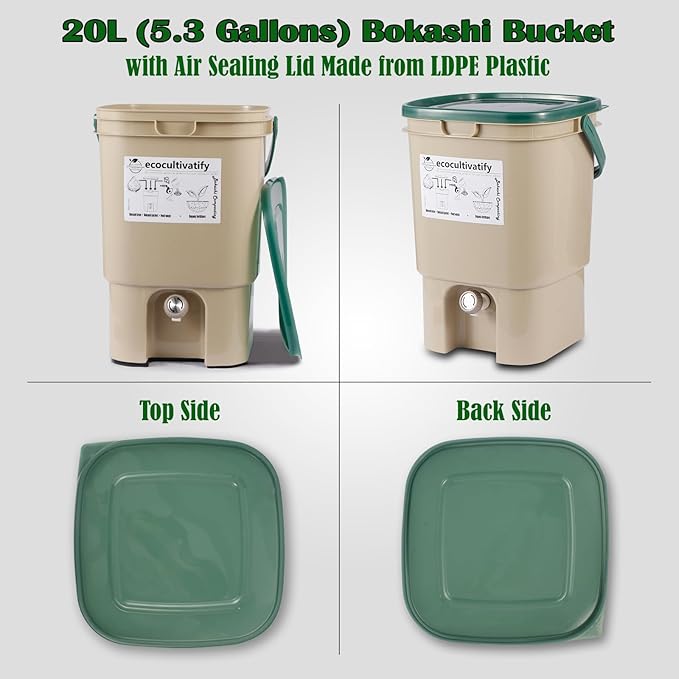 20L Bokashi Compost Bin, 5.28 Gallon Compost Bin for Kitchen Composter with Lid, Bokashi Start Kit with Bran (Tan & Dark Green) (20L/5.28GAL Tan & Dark Green)