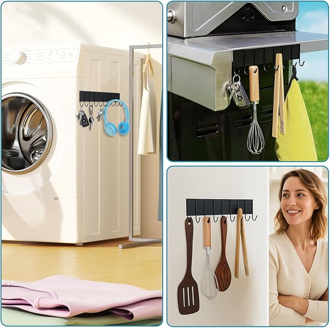4Pcs Magnetic Key Holder for Fridge, With 10 Hooks Wall - Strong Magnetic Hooks Organizer for Keys, Kitchen Utensils, Towels, Grill Tools - No Drill Iron Key Rack for Metal Door, Garage, Laundry Room