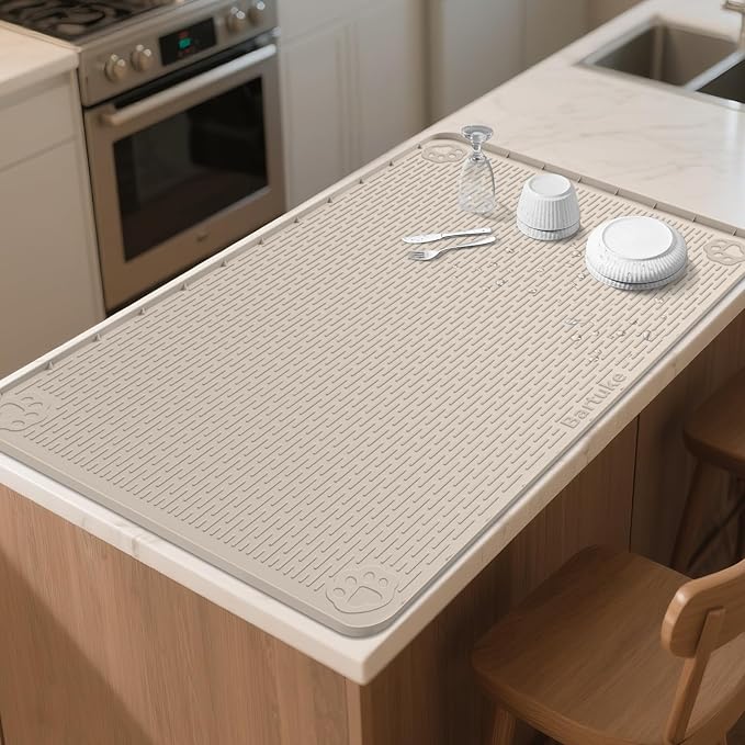 Kalolary Silicone Dish Drying Mat for Kitchen Counter, Extra Large 40" x 28" Dish Drying Pad Mat, Silicone XL Dish Drainer Mat for Dishes with Raise Edge Non-Slip Easy to Clean (Khaki)