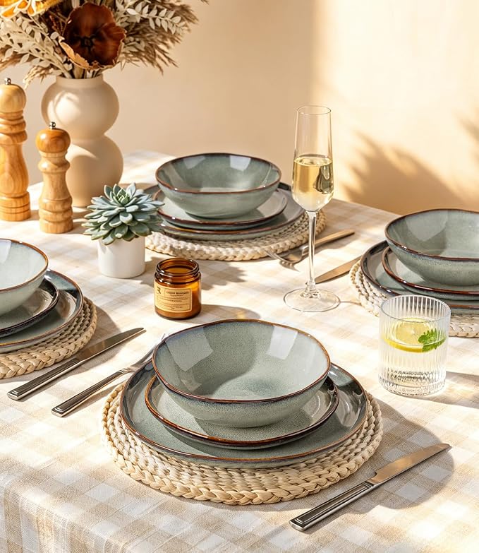 GBHOME Stoneware Dinnerware Sets for 4, 12 Pieces Rustic Earthenware Plates and Bowls Set, Handmade Reactive Glaze Ceramic Plate Sets, Chip Resistant Dishes, Microwave & Dishwasher Safe, Earthy Sage