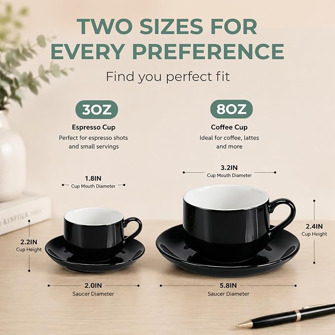 8 Ounce Cappuccino Cups Set of 4, Black | Stackable Cappuccino Mugs, Includes Display Stand, Cups Saucers, and Spoons, for Machines & Home Use, Gold Stand