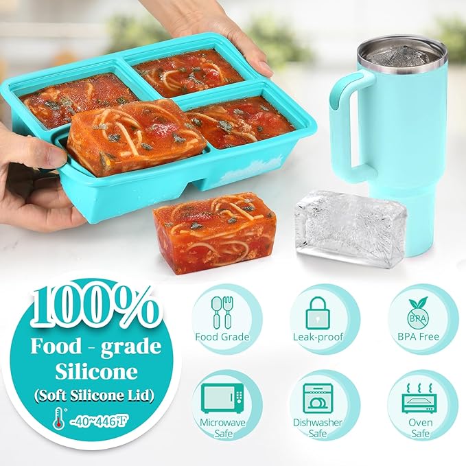 4 Pack Silicone Freezer Trays With Lid - 1 Cup Molds for Soup, Broth, Leftovers - Microwave-Safe Container - Aqua