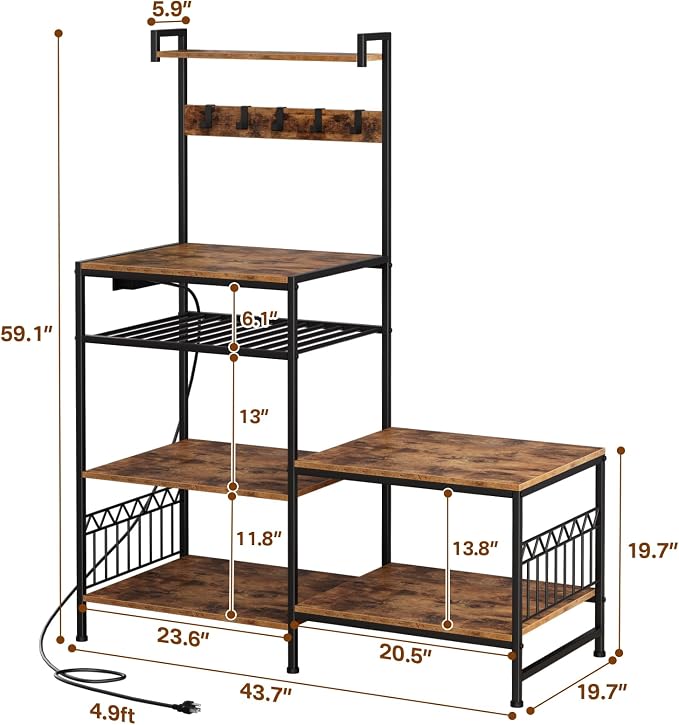 Portin Mini Fridge Stand Coffee Bar Cabinet with Power Outlet | 7 Tier Shelf with S-Hooks, Kitchen Bakers Rack, Fit microwave, toaster, kitchen utensils, and beverages, for Dorm,Office