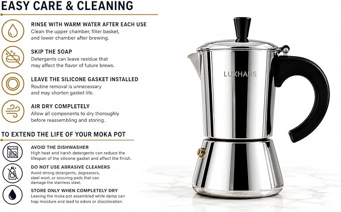 LuxHaus 6 Cup Moka Pot (2oz each cup - 12oz total) Stovetop Espresso Maker - Stainless Steel Italian and Cuban Mocha Coffee Maker
