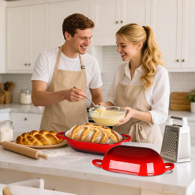 LIFERUN 2.5qt Enameled Cast Iron Dutch Oven for Sourdough Bread Baking, Oven Safe Dutch Oven Pot with Lid, Non-Stick Bread Oven Pot, Red