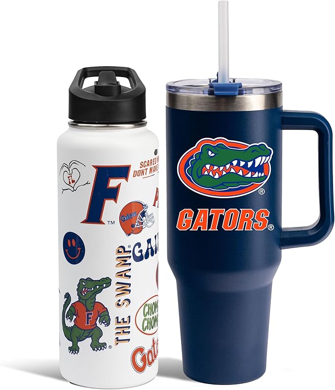 The Memory Company Officially Licensed NCAA 2-Pack Stainless Steel Tumbler Set, 34oz Team Spirit Water Bottle & 40oz Game Day Tumbler with Lid and Straw, BPA-Free Materials, Convenient Straw Design