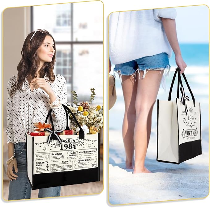 YeohJoy 42nd Birthday Gifts for Women Canvas Tote Bag Travel Gear, Unique 42 Years Old Birthday Gifts for Mom Aunt Friends Wife Sister Her, Vintage 1984 Handbag & Cosmetic Bag & Back in 1984 Poster