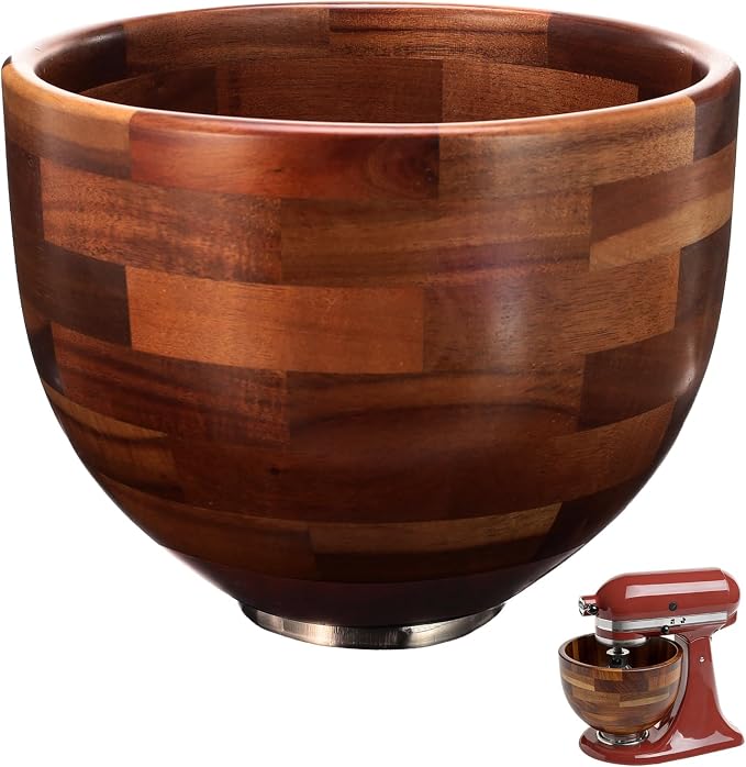 Wood Mixing Bowl for KitchenAid, 5QT Natural Acacia Wooden Bowl Compatible with KitchenAid 4.5&5 QT Tilt-Head Stand Mixer, with Stainless Steel Locking Base, for Baking & Mixing