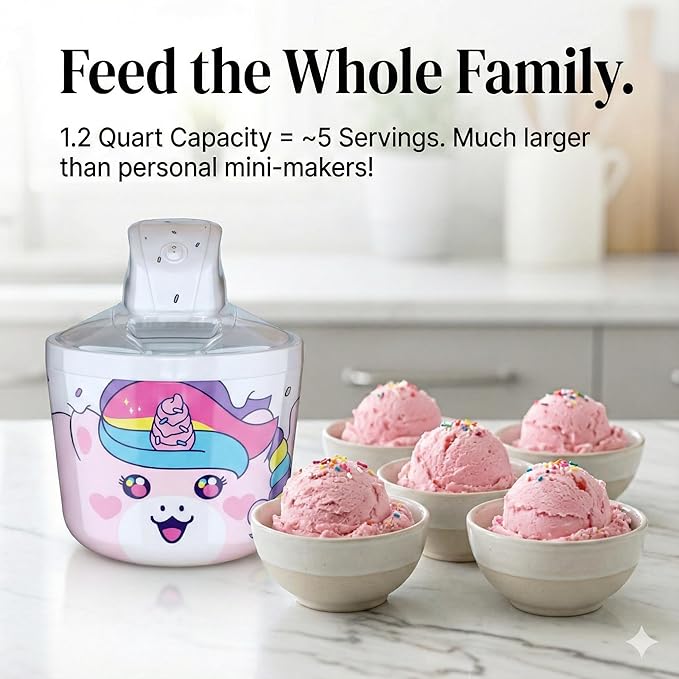 Cooler Concepts 1.2 Qt Unicorn Electric Ice Cream Maker for Kids - Best Countertop Ice Cream Machine for Homemade Soft Serve, Sorbet, Gelato, Frozen Yogurt - Fun Desserts for Families, Easy to Clean