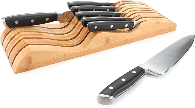 ROYALHOUSE Bamboo Knife Block Holder, 9 Knives Dock, In-Drawer Knife Drawer Organizer, Perfect for Home and Chefs, Premium Knife Holder, Gifts, Housewarming, Knives Not Included