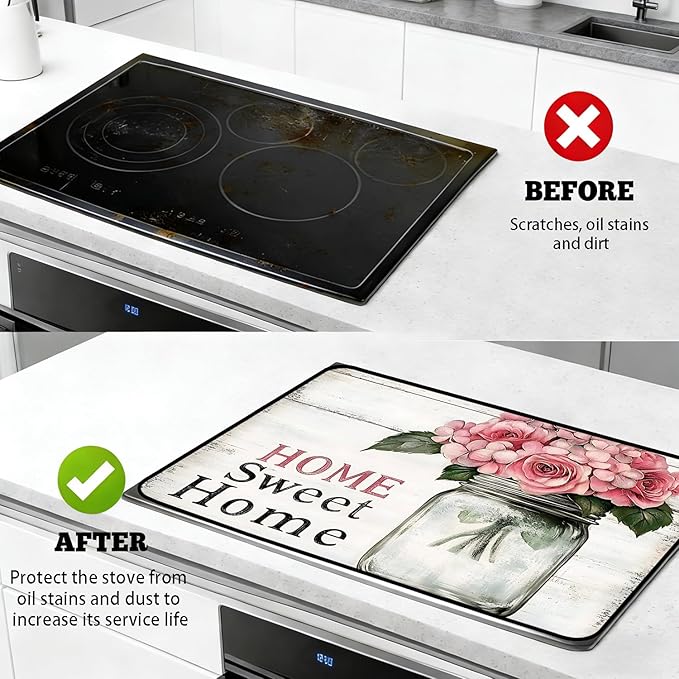 Stove Top Cover for Electric Stove, Vintage Farmhouse Style Glass Cooktop Protector, Multi-functional Kitchen Counter & Washer Top Cover
