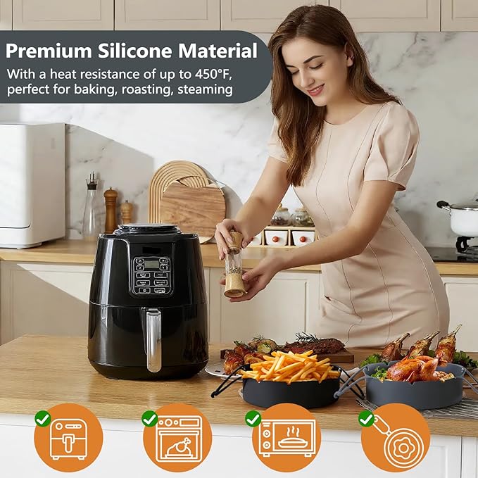 2 Pack Round Silicone Air Fryer Liners, Thickened Reusable Basket Liners with Extended Snap-on Handle, Compatible with Ninja AF101/AF150/AF141/AF161 4-5.5QT Air Fryers,Air Fryer Accessories