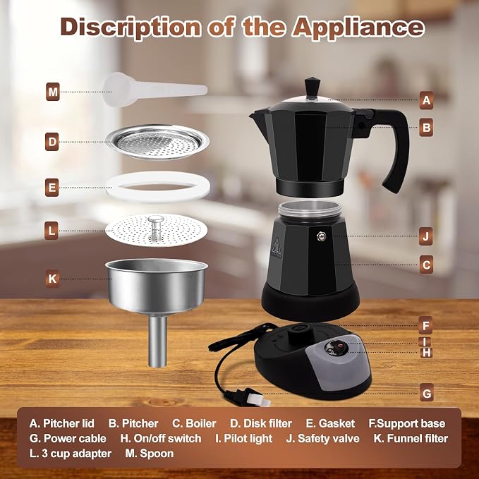 Electric Aluminum Moka Pot 3-6 Cup 150-270ml Espresso Maker with Detachable Base Ideal Coffee Makers for Home MochaPot Italian and Cuban Café Coffeemaker Espressomaker CoffeePot Black