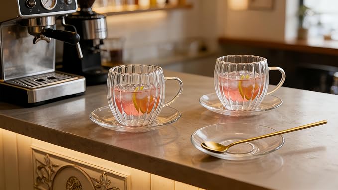 Double Wall Glass Coffee Mugs, 8.5oz/260ml, Clear, 2 Pack | Pumpkin Shaped Tumblers With Saucer and Spoon, For Cappuccino, Latte, Hot and Cold Drinks