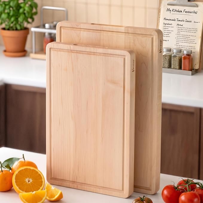 Vandroop Hard Maple Cutting Board for Kitchen - 16"x10"x1.06" Reversible Wood Chopping Board with Juice Groove, Edge Grain Butcher Block
