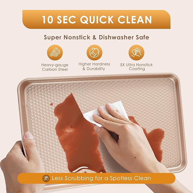 Baking Sheet Pan Set of 3, Nonstick Carbon Steel Cookie Sheets with Texture | Commercial Half/Quarter/Jelly Roll Pans Replacement Toaster Oven Tray, Heavy Duty & Easy Clean