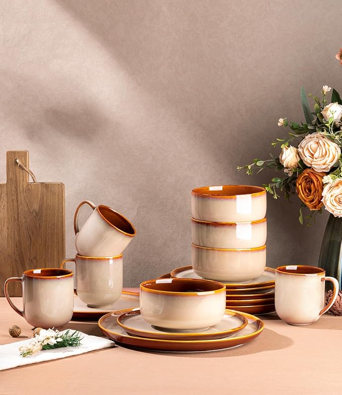 LERATIO Ceramic Dinnerware Sets for 4,16-PieceReactive Glaze Plates and Bowls Set with Mugs,Highly Chip and Crack Resistant | Dishwasher,Microwave & Oven Safe Dishes set-Kahki