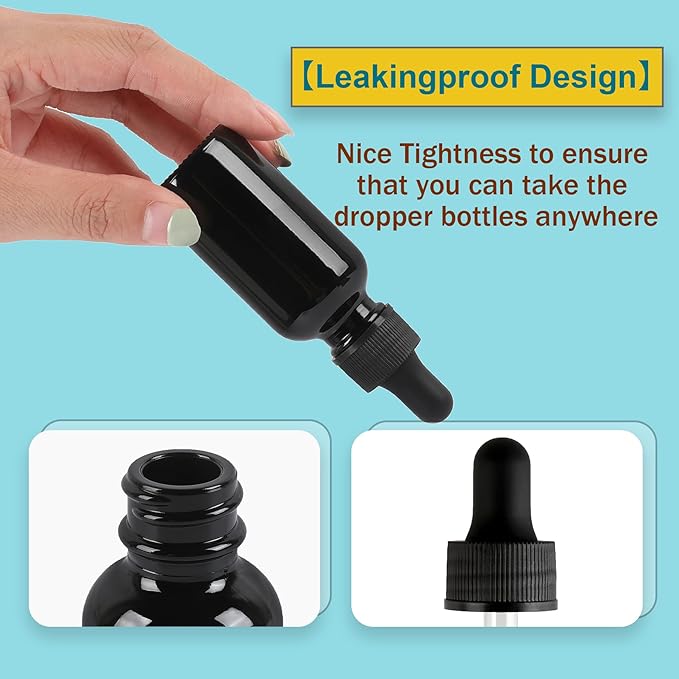 NOOEEISS 48 Pack,1oz Glass Dropper Bottle,Blakc Tincture Bottles with Dropper,Pretty Finish for All Kinds of Liquids,Oil Bottles for Hair- Stronger Suction ideal for Leakproof Travel
