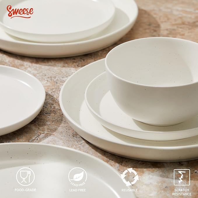 Sweese Dinnerware Sets Service for 4, 12 pcs Matte Speckled Glaze Plates and Bowls Sets, Handmade Ceramic Dish Set, Highly Chip and Crack Resistant Modern Plate Set, White