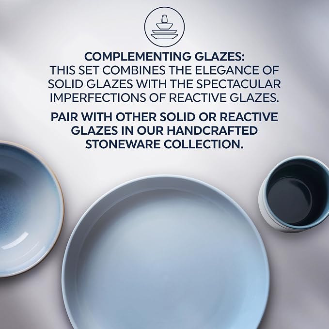 Corelle Stoneware Dinnerware Set, Handmade Reactive & Solid Glazed Ceramic Plates and Bowls, Modern Rustic Style Round Dishes, Service for 4, Nordic Blue 16 PIECE SET
