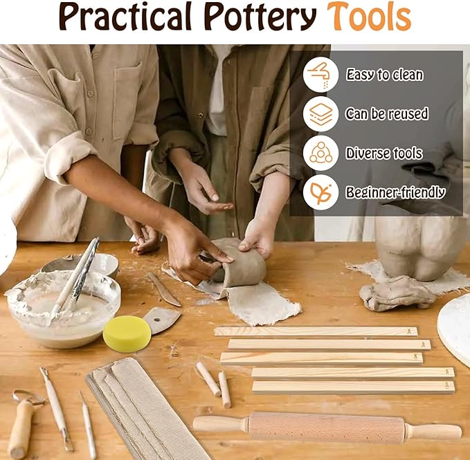 Akamino 20 Pcs Pottery Tools Include 1 Wood Rolling Pin,1 Portable Pottery Linen Tablecloth, 10 Pcs 5 Size Teaching Rolling Mud Stick Guide, 8 Clay Sculpting Tools for Manual Self Ceramic Clay Making