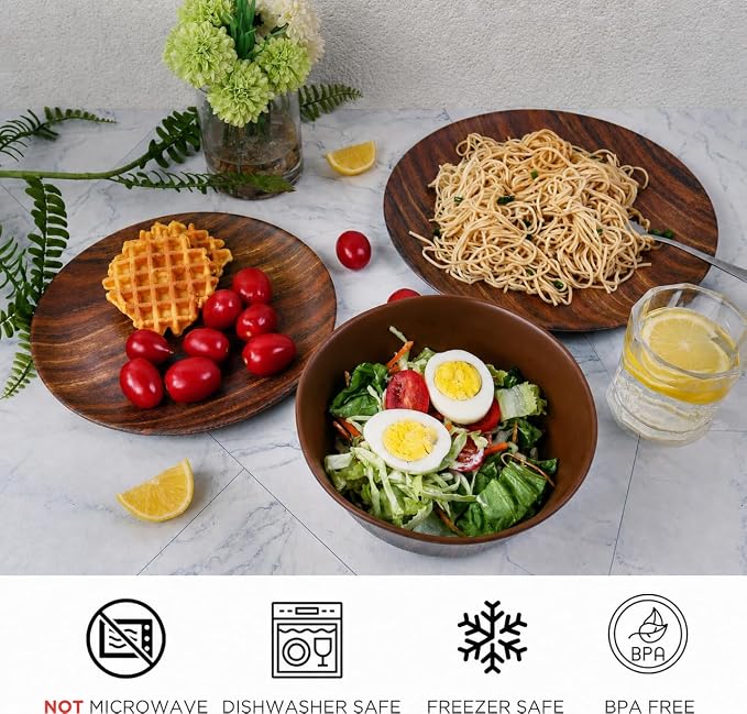 TP 12-Piece Melamine Dinnerware Sets, Plates and Bowls Dishes Set for 4, Break-Resistant & Non-Microwavable, Lightweight Dinner Plates, Wood Grain