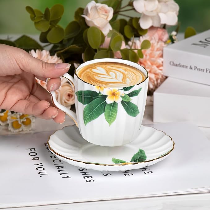 KAMMAK Tea Cups and Saucers Set of 2, Porcelain Coffee Cups, Stackable Espresso Mugs, Ceramic Demitasse for Coffee, Cappuccino, Latte, Americano, Tea, Green Leaf Frangipani