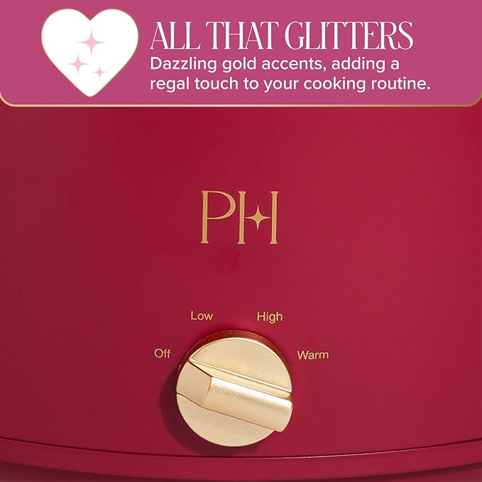 Paris Hilton 6-Quart Manual Slow Cooker, Naturally Nonstick Stoneware Ceramic Insert, Three Settings (Low, High, Warm), Dishwasher Safe Family Size Slow Cooker, Berry