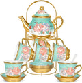 20 Pcs Porcelain Tea Set for Adults with Metal Holder and Spoon European Ceramic Tea Party Set Flower Painting Teapot Cup Saucer for Women Gift, Serving 6 People(Modern)